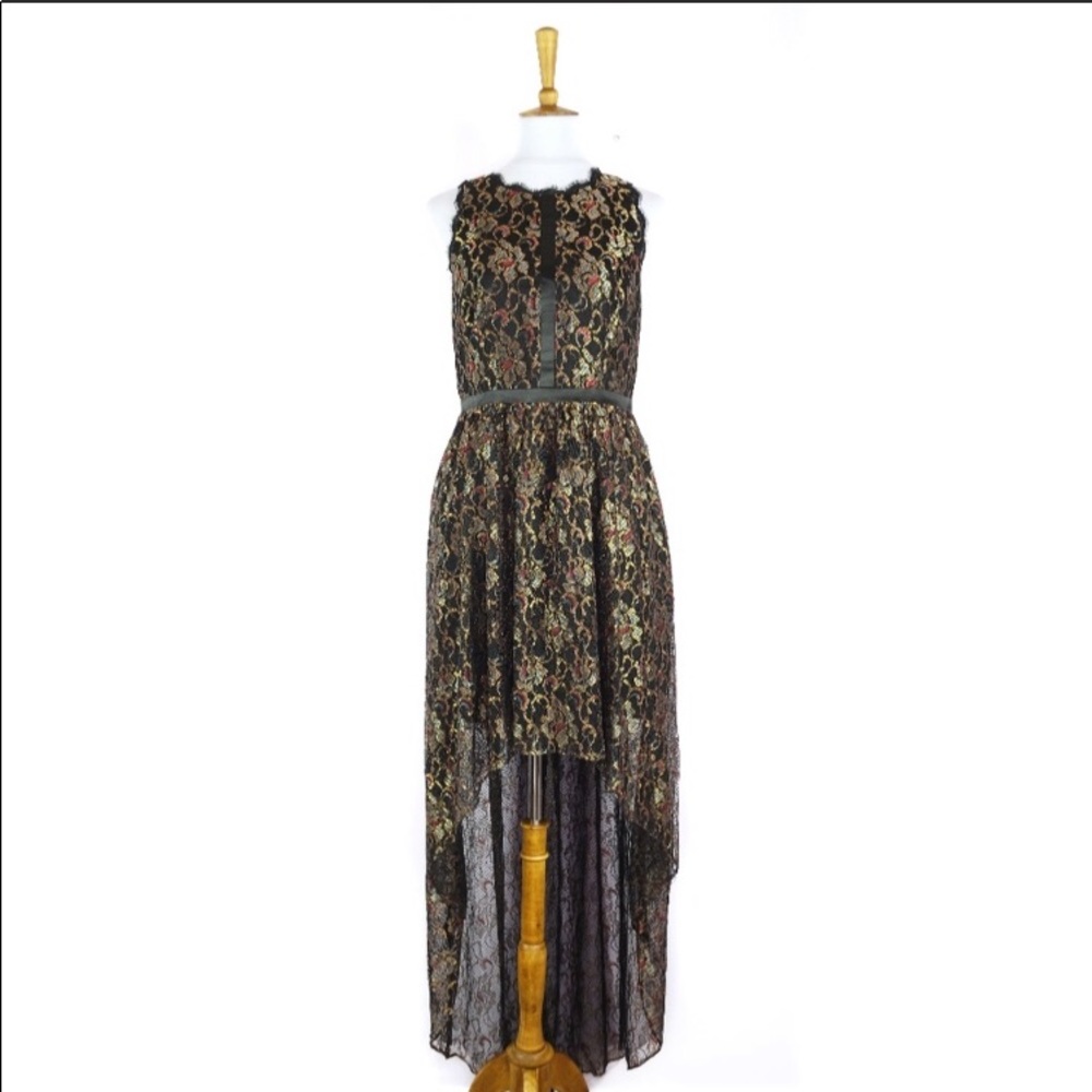 Adrianna Papell black lace high low maxi dress